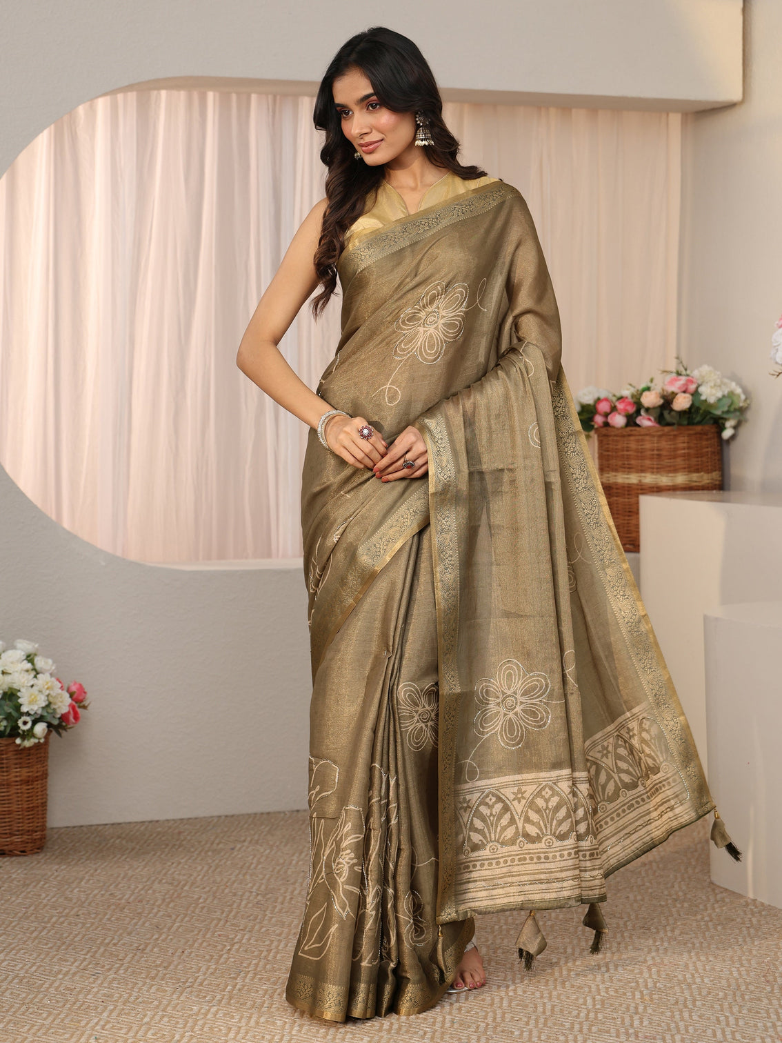 Mameraa Dusty Sage Green Floral Printed Silk Blend Saree with Woven Border