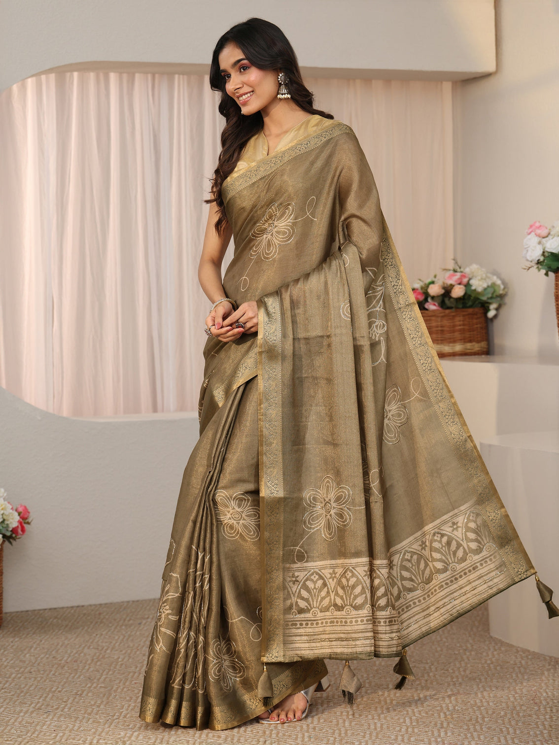 Mameraa Dusty Sage Green Floral Printed Silk Blend Saree with Woven Border