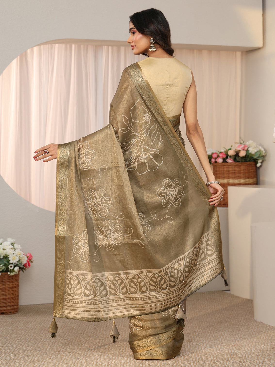 Mameraa Dusty Sage Green Floral Printed Silk Blend Saree with Woven Border