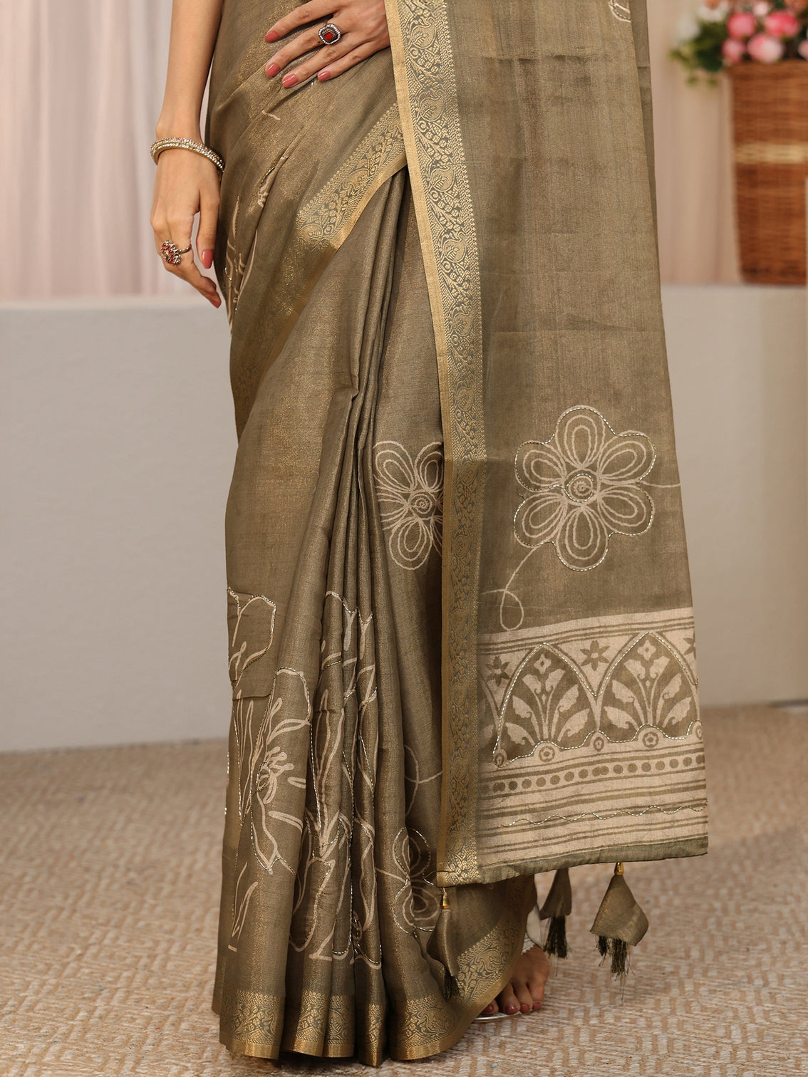 Mameraa Dusty Sage Green Floral Printed Silk Blend Saree with Woven Border