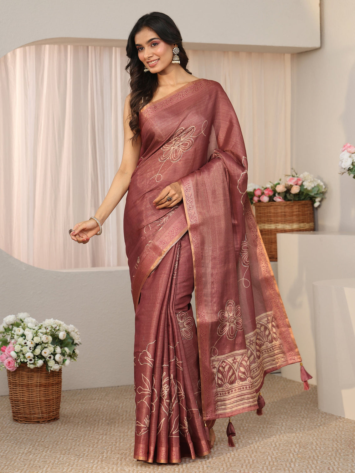 Mameraa Mauve Floral Printed Silk Blend Saree with Woven Border
