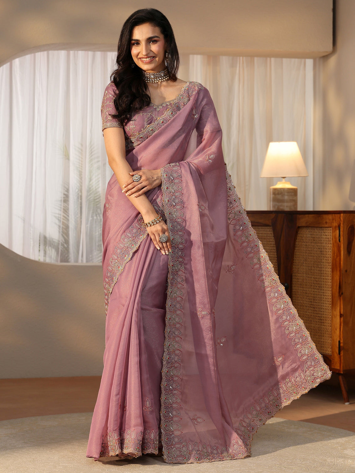 Mameraa Mauve Leafy Embroidered Tissue Saree