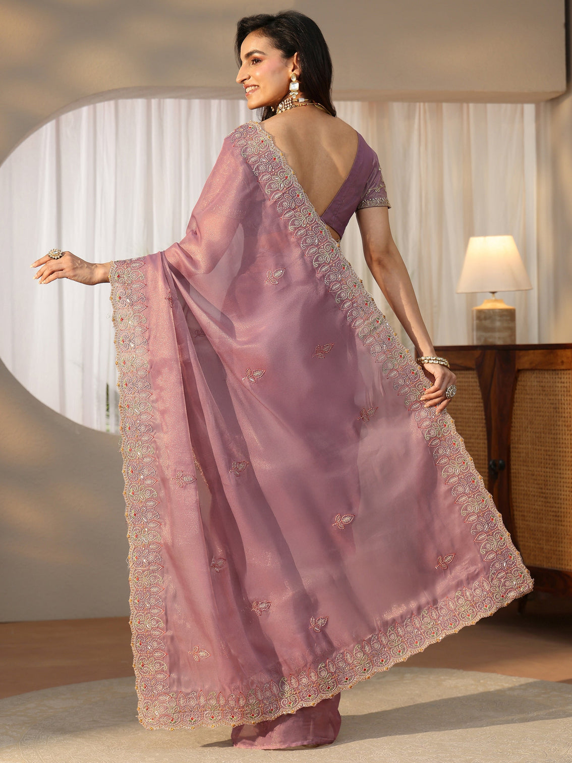 Mameraa Mauve Leafy Embroidered Tissue Saree