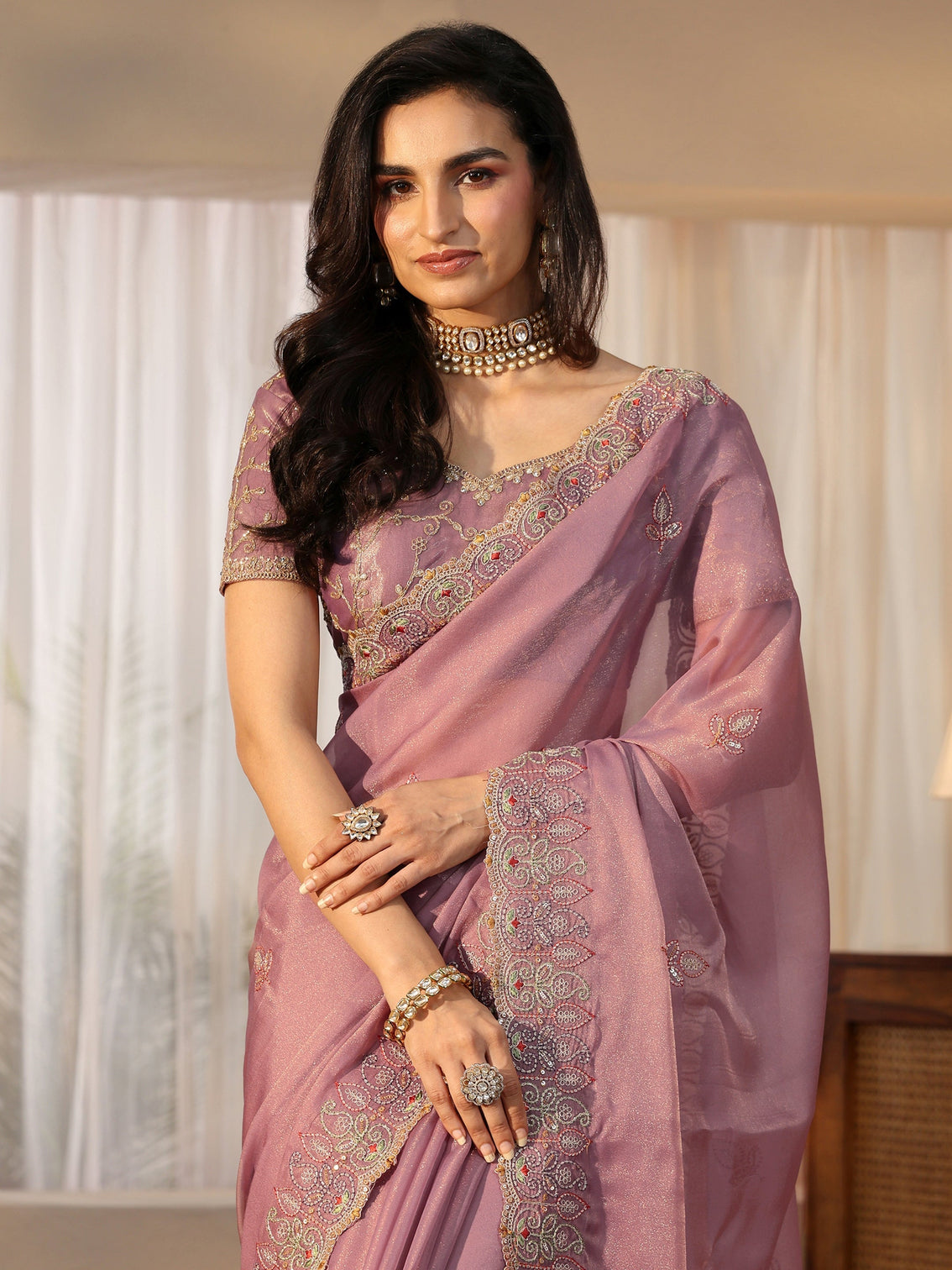 Mameraa Mauve Leafy Embroidered Tissue Saree
