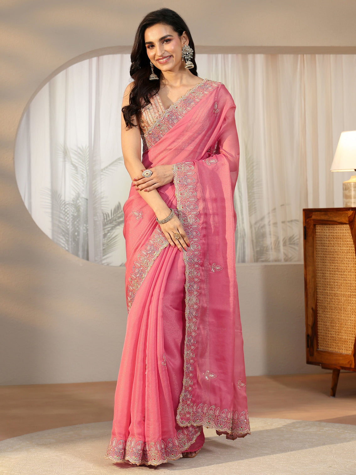 Mameraa Bubblegum Pink  Leafy Embroidered Tissue Saree