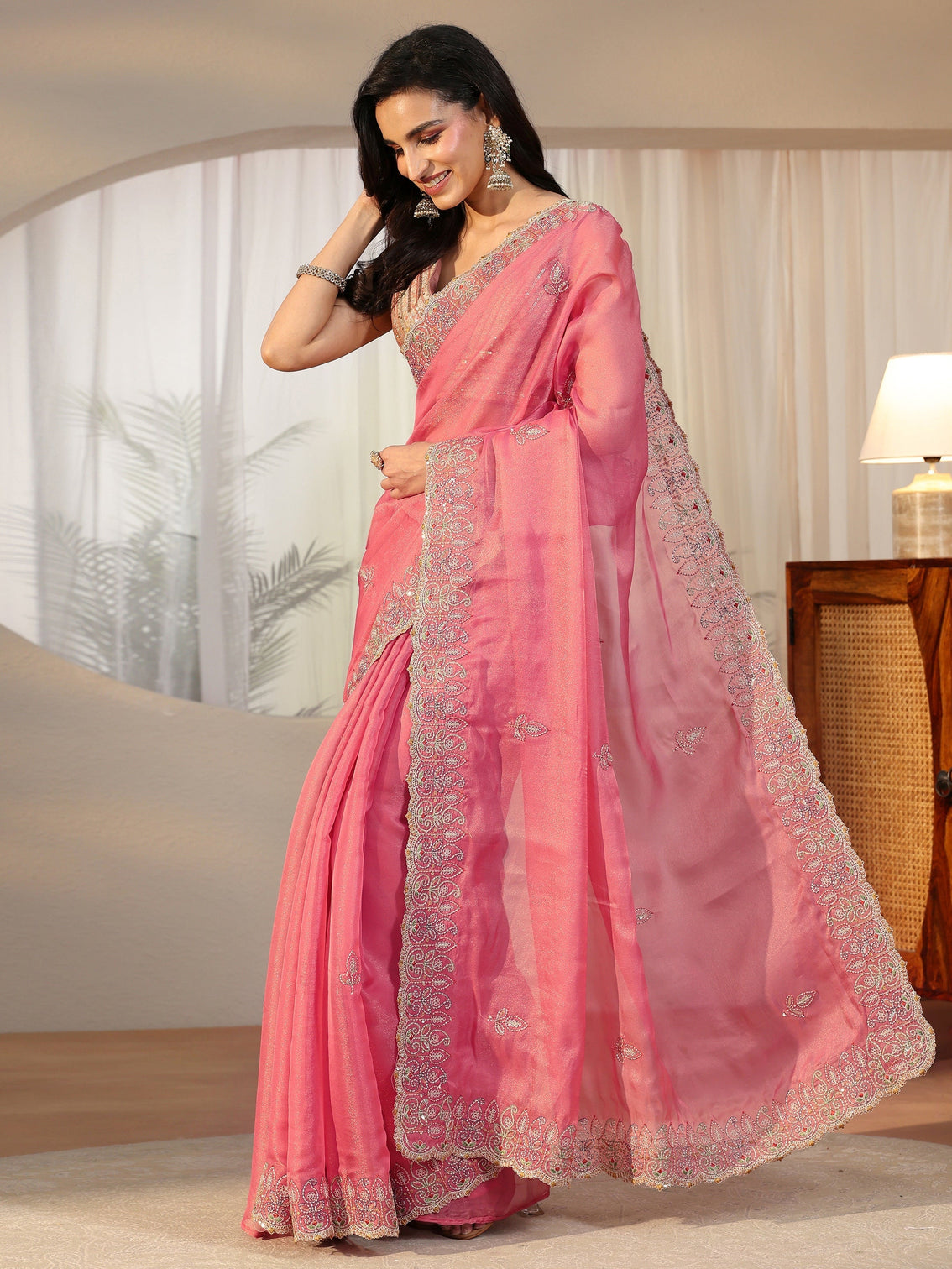 Mameraa Bubblegum Pink  Leafy Embroidered Tissue Saree