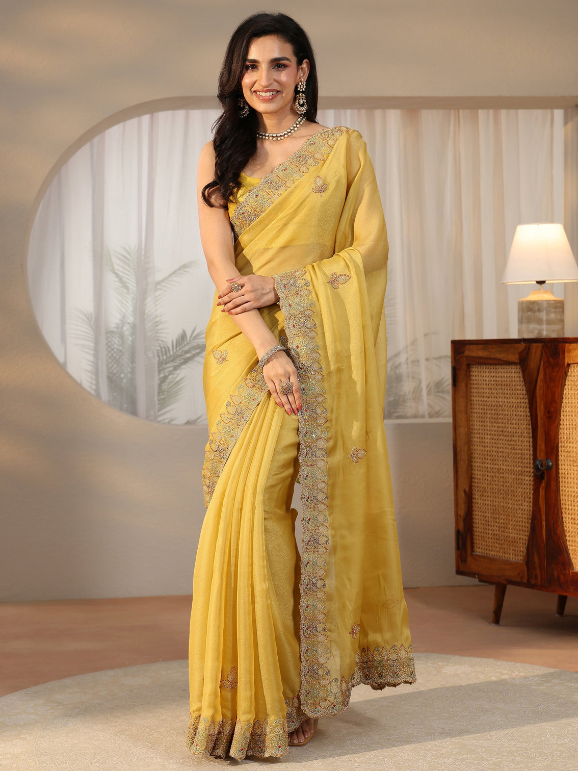 Mameraa Sunshine Yellow Leafy Embroidered Tissue Saree