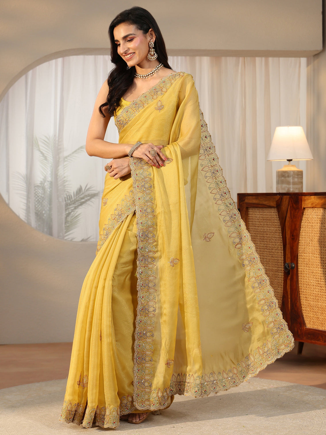 Mameraa Sunshine Yellow Leafy Embroidered Tissue Saree