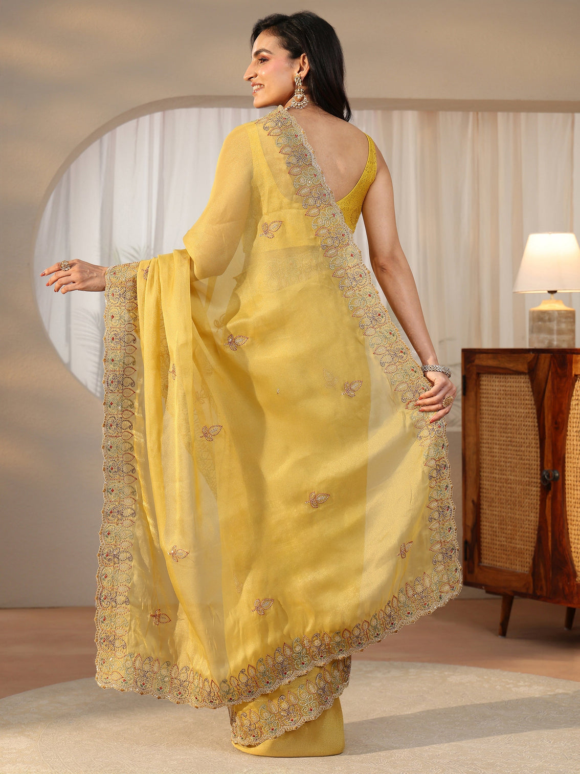 Mameraa Sunshine Yellow Leafy Embroidered Tissue Saree