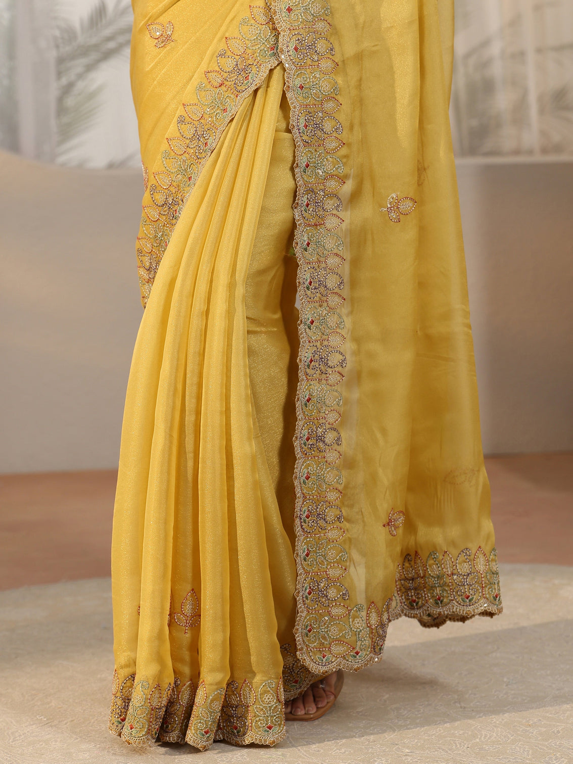Mameraa Sunshine Yellow Leafy Embroidered Tissue Saree
