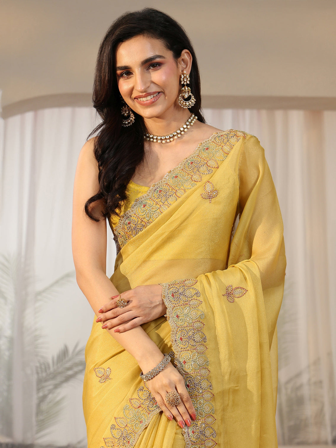 Mameraa Sunshine Yellow Leafy Embroidered Tissue Saree
