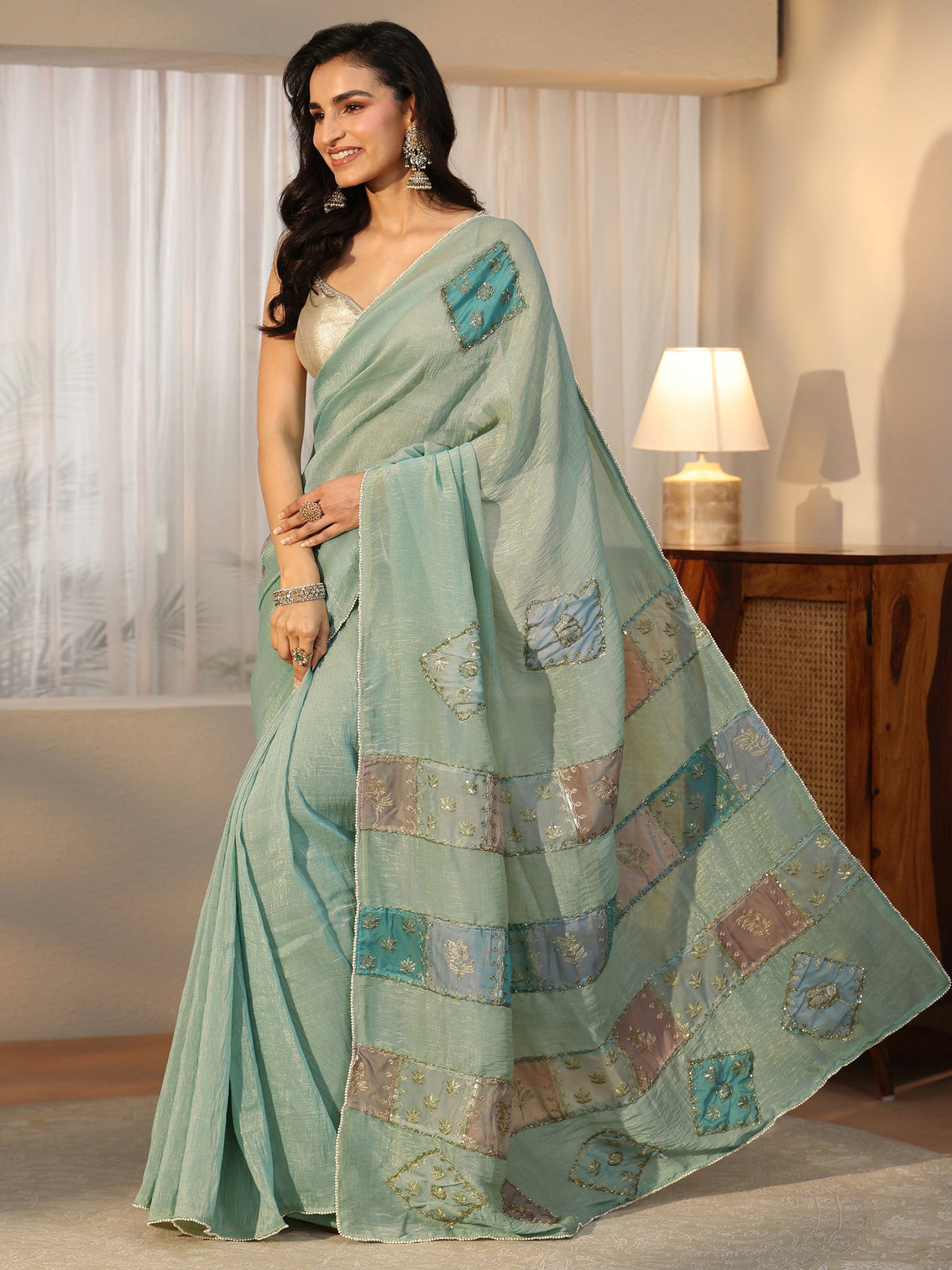 Mameraa Aqua Blue Applique Design Tissue Saree