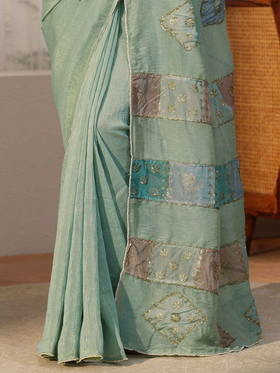 Mameraa Aqua Blue Applique Design Tissue Saree