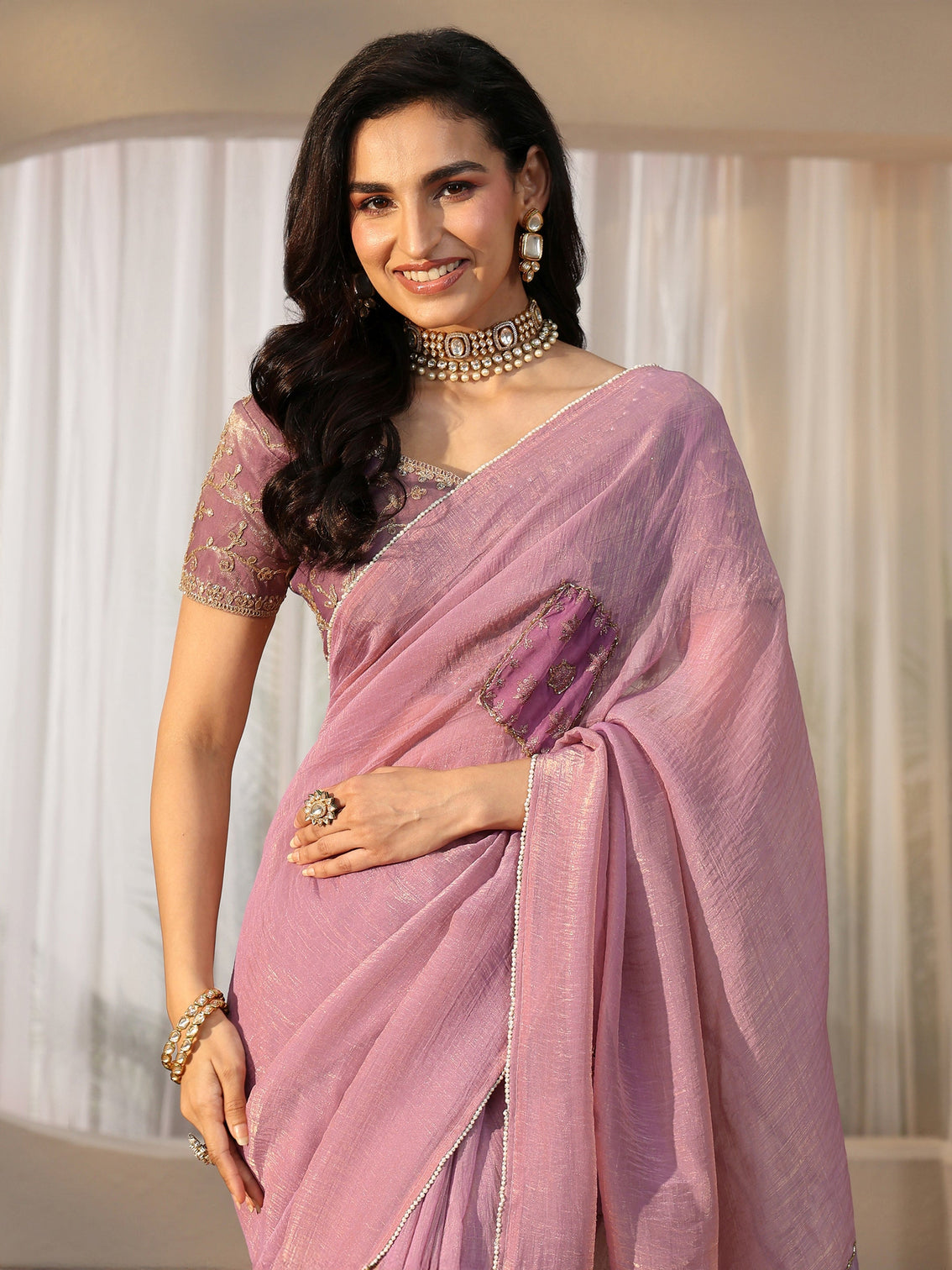 Mameraa Lilac Applique Design Tissue Saree