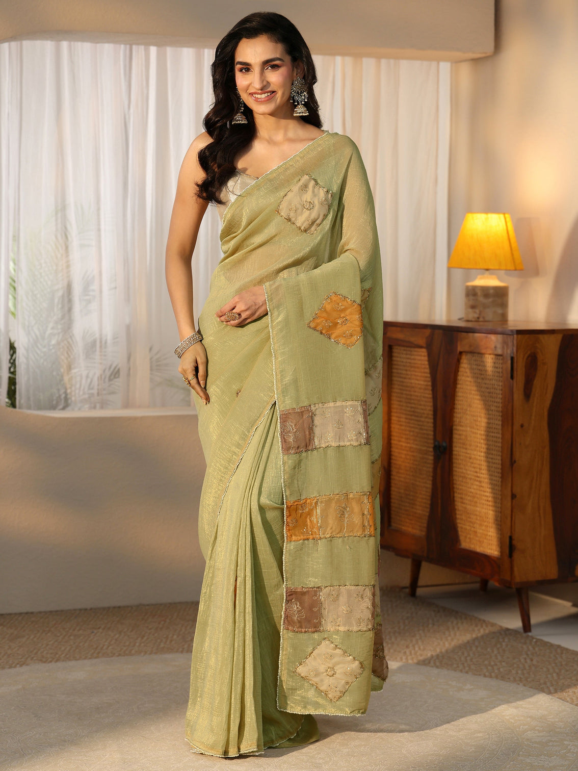 Mameraa Moss Green Applique Design Tissue Saree