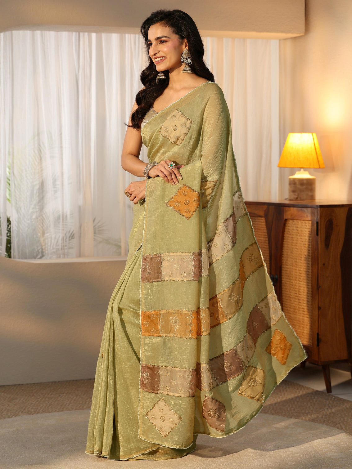 Mameraa Moss Green Applique Design Tissue Saree