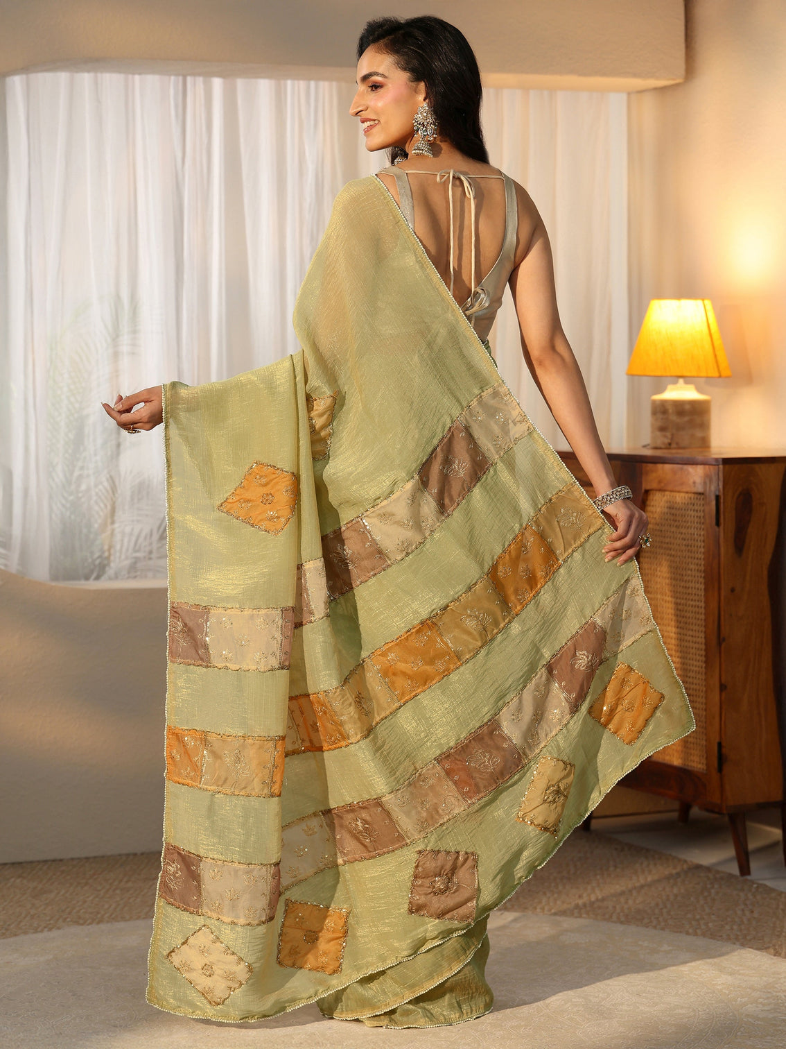 Mameraa Moss Green Applique Design Tissue Saree