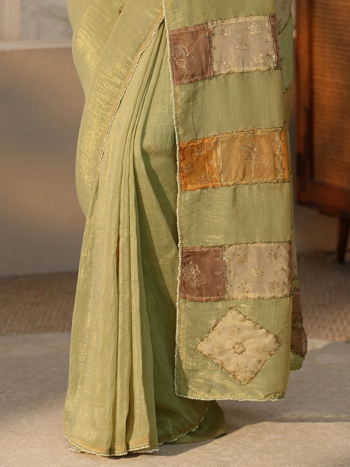 Mameraa Moss Green Applique Design Tissue Saree