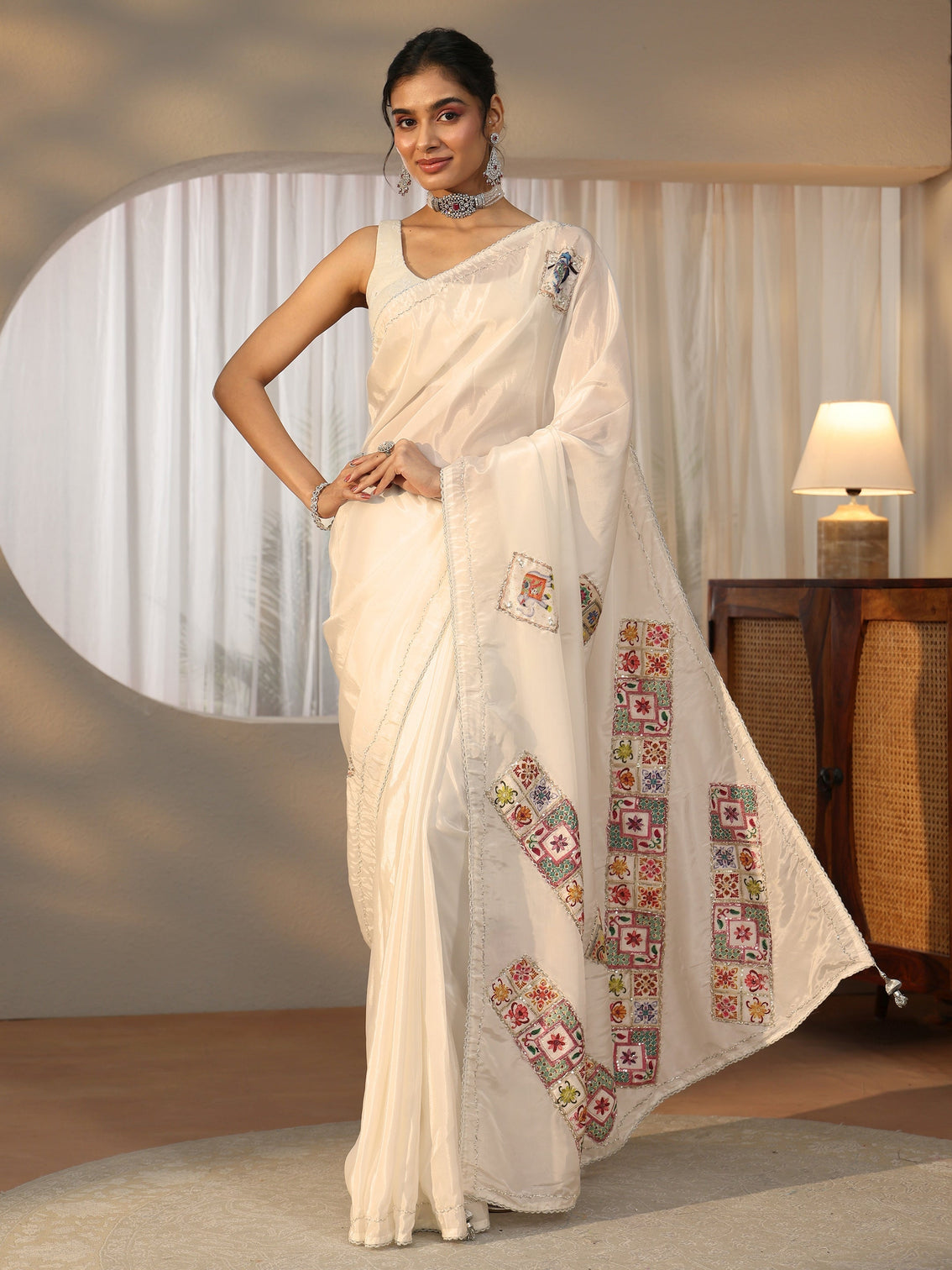 Mameraa Cream Satin Saree with Applique Design