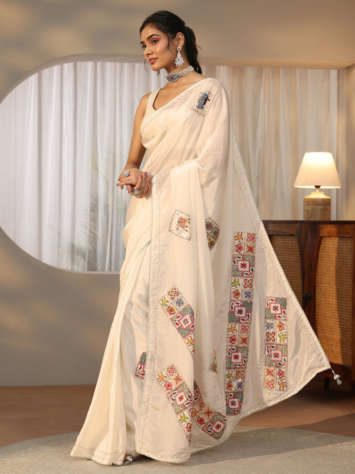 Mameraa Cream Satin Saree with Applique Design