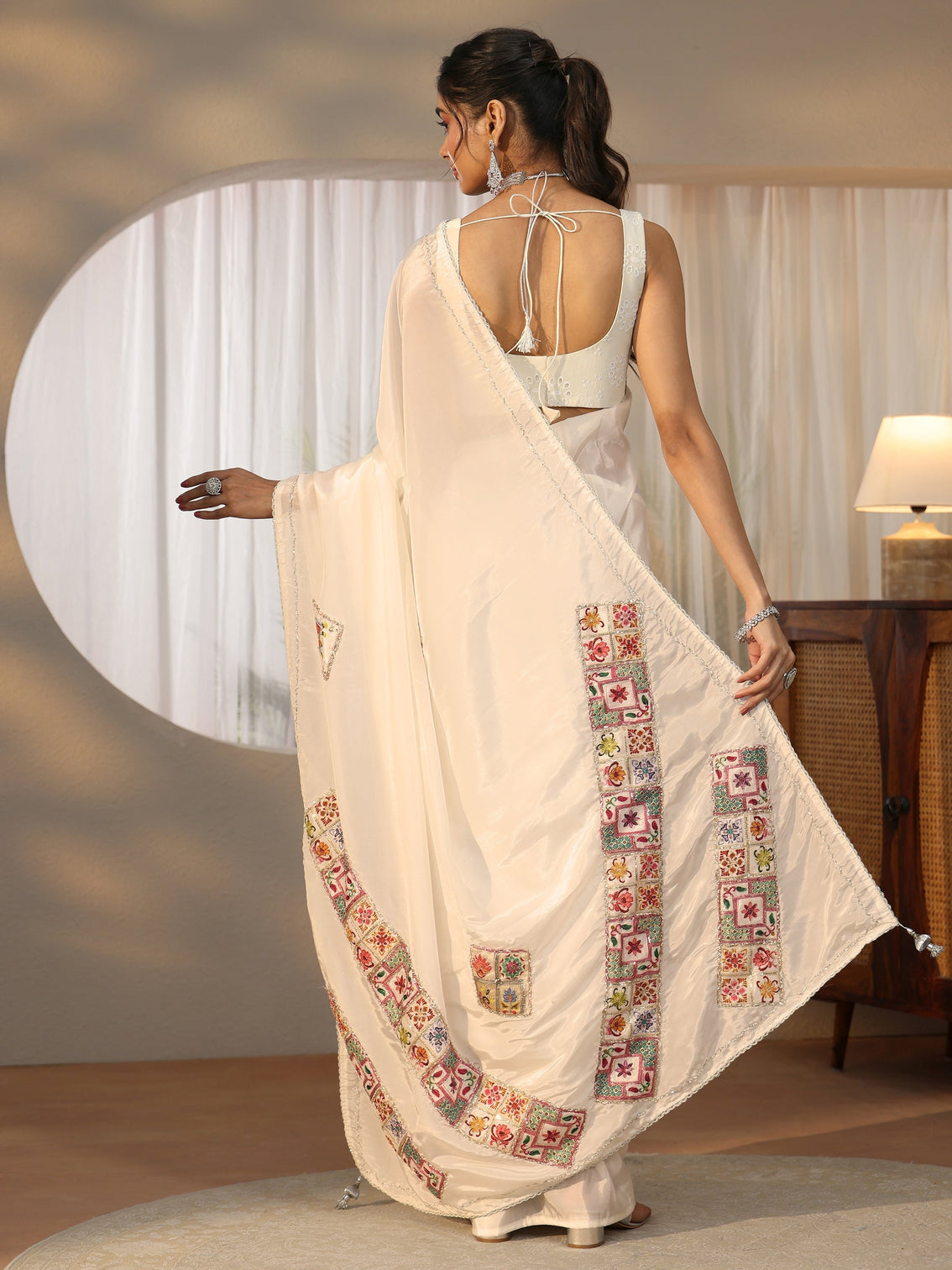 Mameraa Cream Satin Saree with Applique Design
