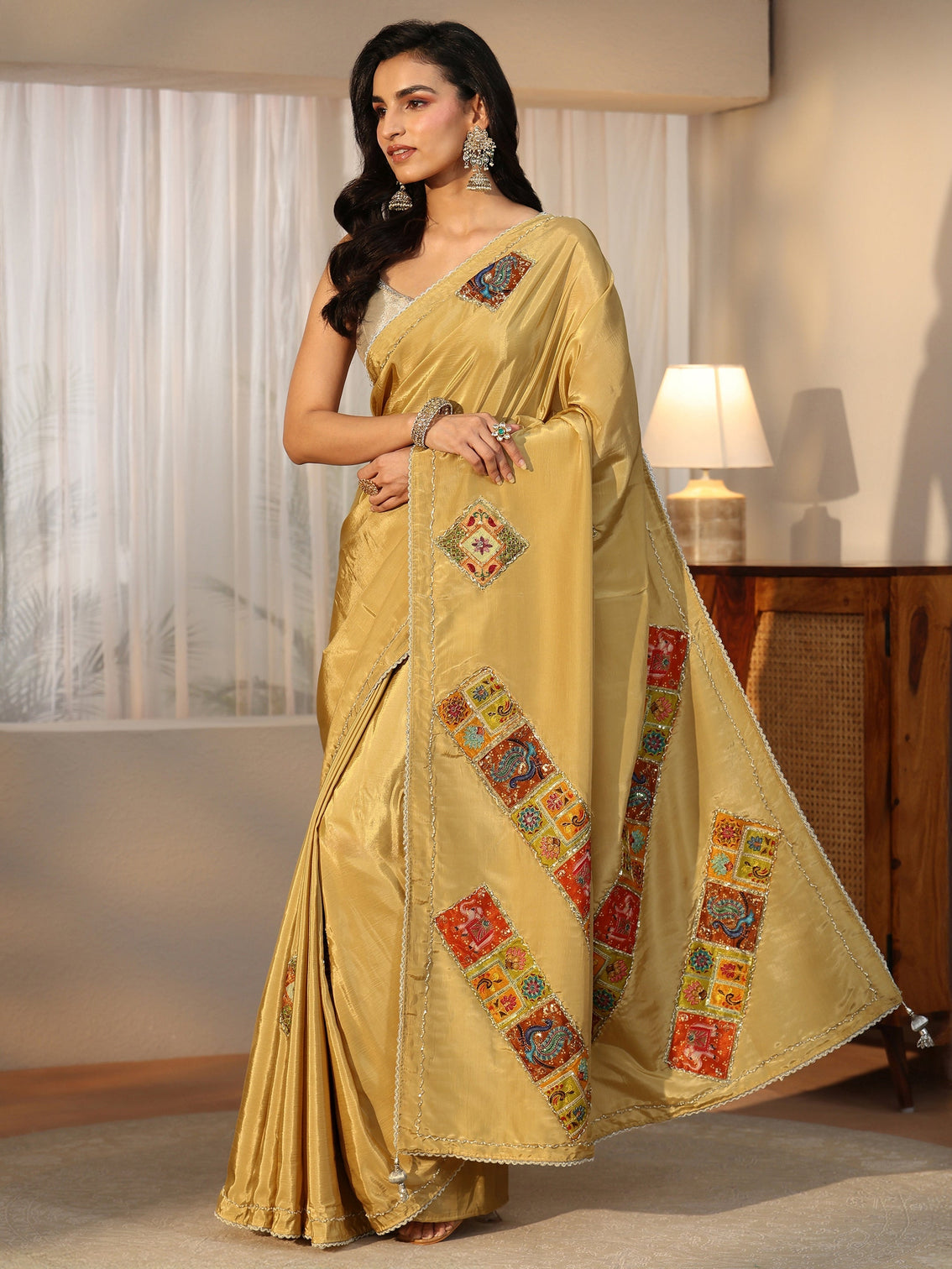 Mameraa Antique Yellow Satin Saree with Applique Design