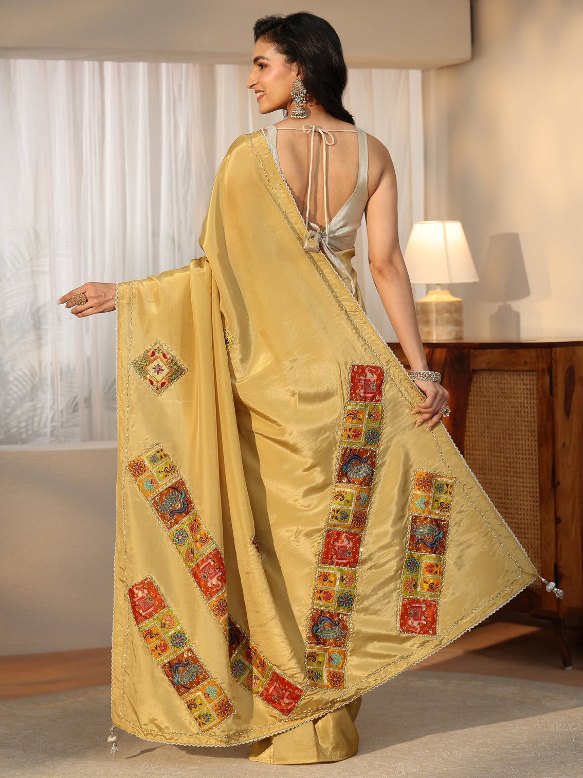 Mameraa Antique Yellow Satin Saree with Applique Design
