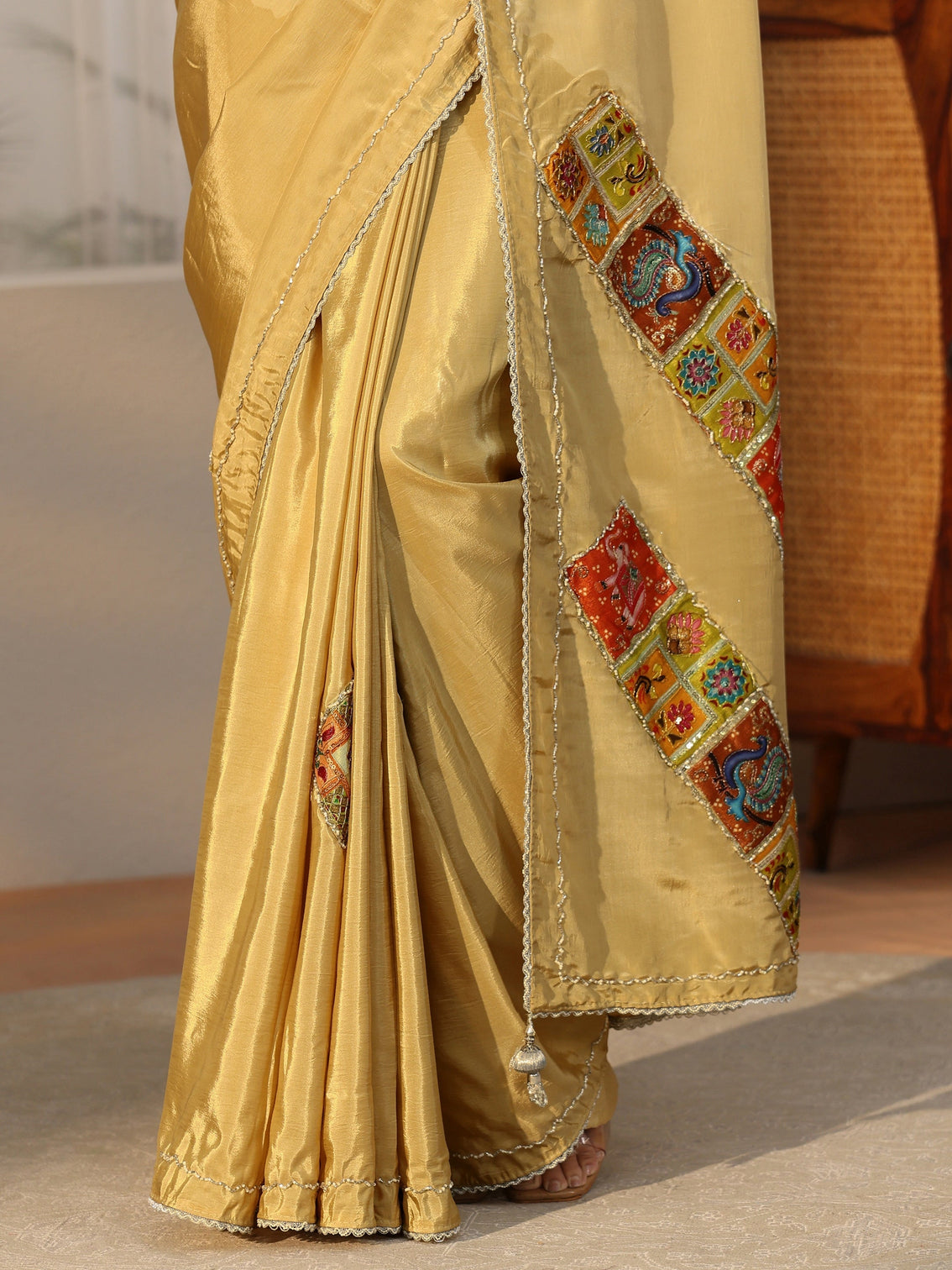 Mameraa Antique Yellow Satin Saree with Applique Design