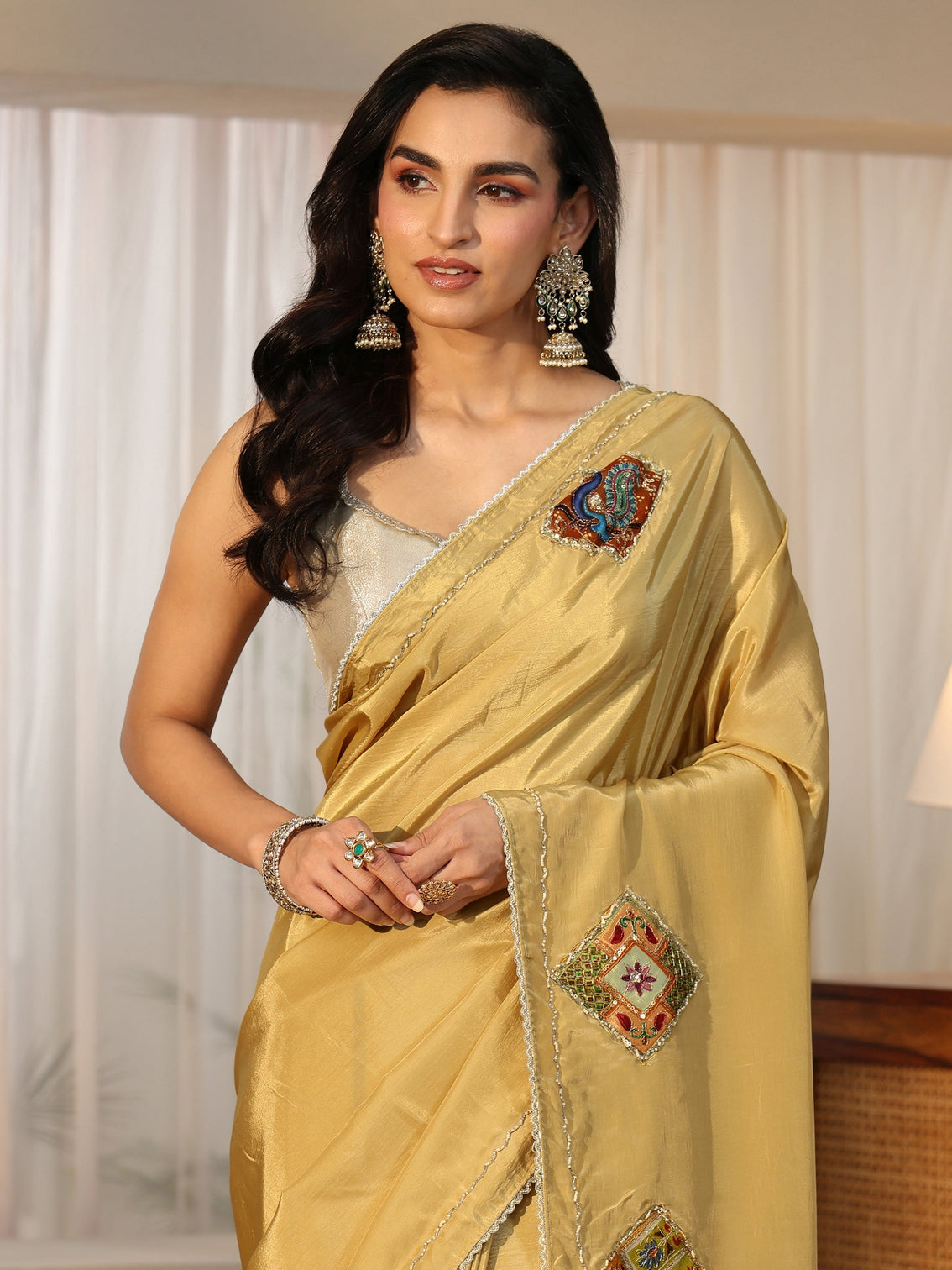 Mameraa Antique Yellow Satin Saree with Applique Design