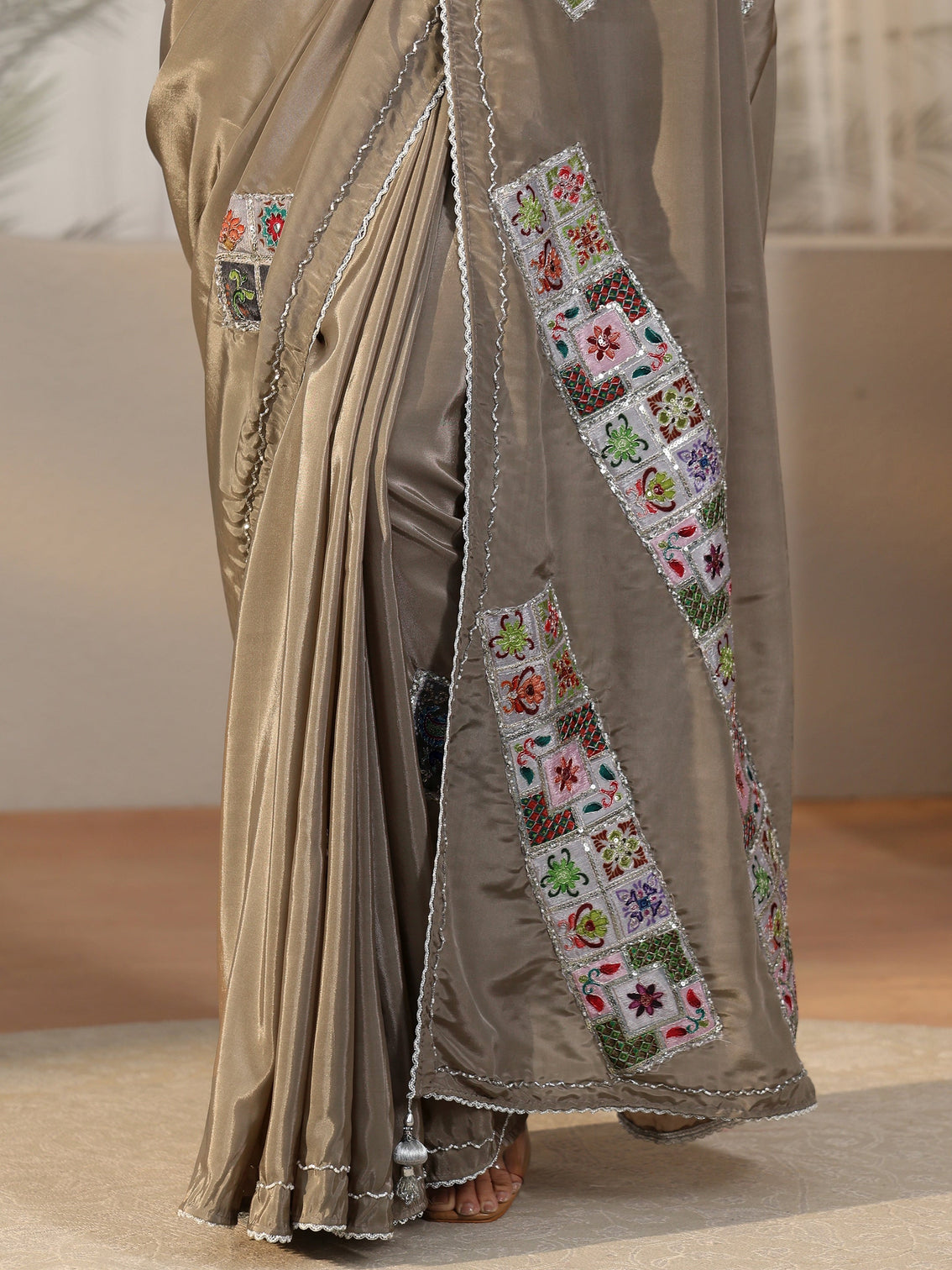 Mameraa Taupe Grey Satin Saree with Applique Design