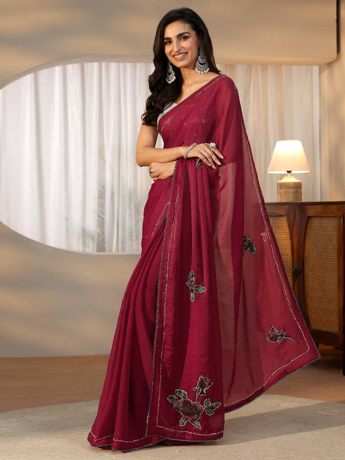 Mameraa Wine Red Floral Applique Design Satin Saree