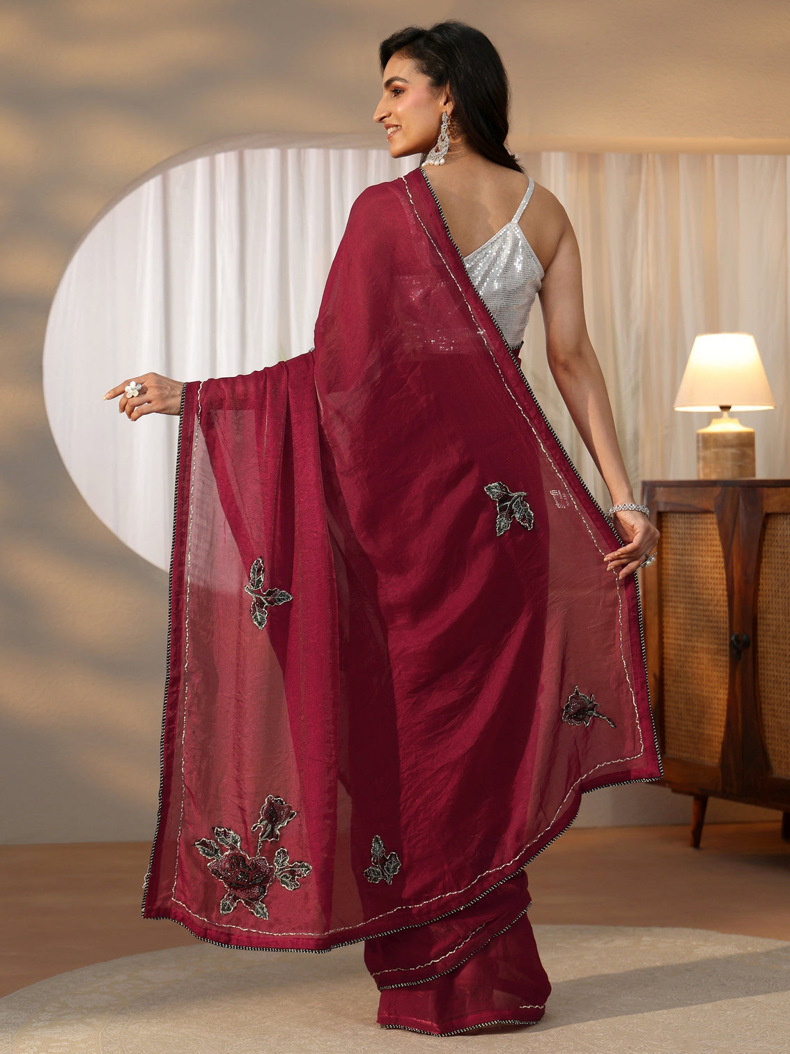 Mameraa Wine Red Floral Applique Design Satin Saree