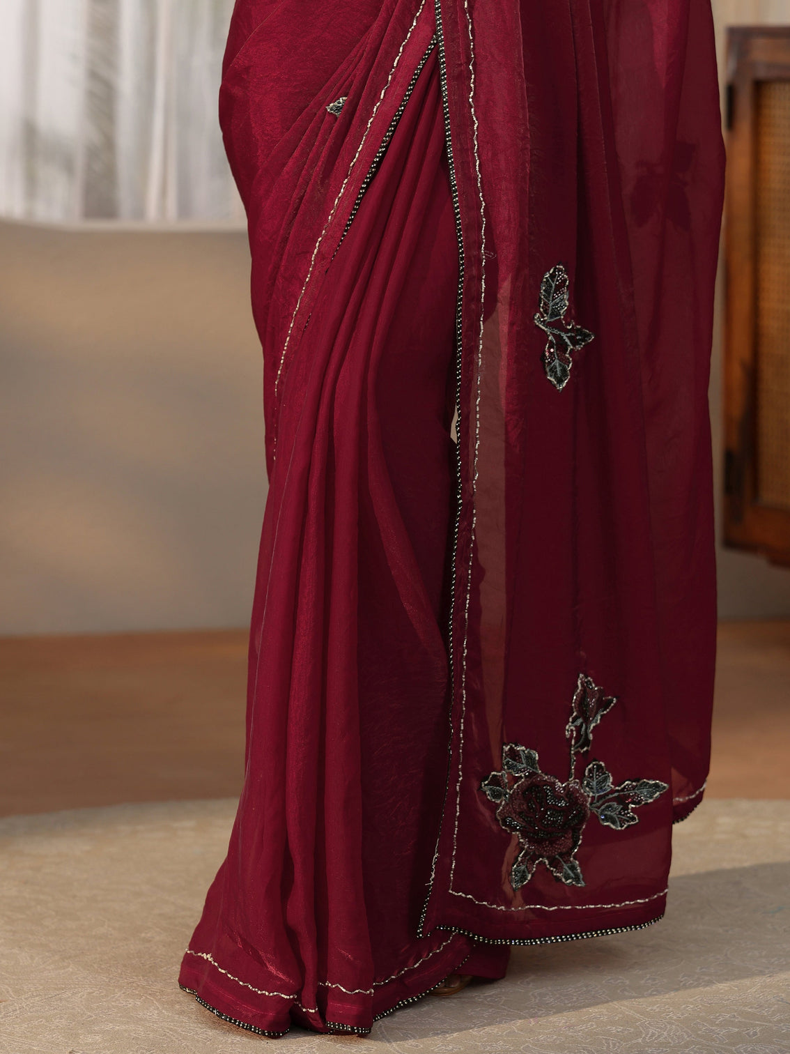 Mameraa Wine Red Floral Applique Design Satin Saree