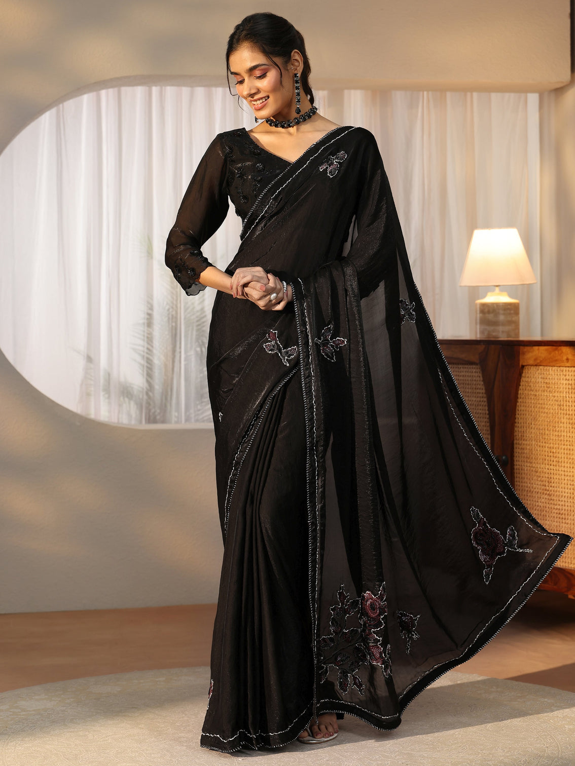 Mameraa Black Floral Applique Design Satin Saree