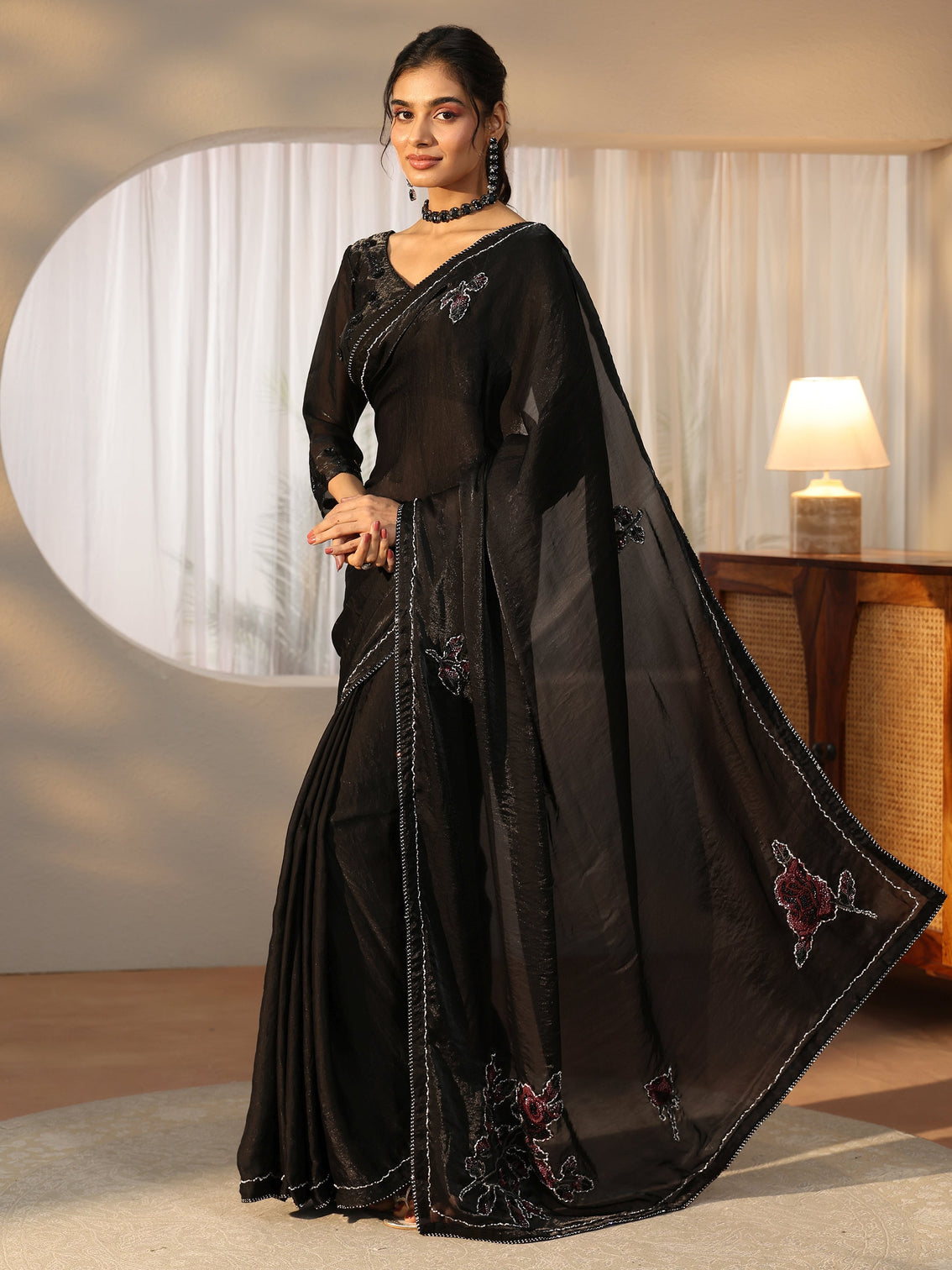 Mameraa Black Floral Applique Design Satin Saree