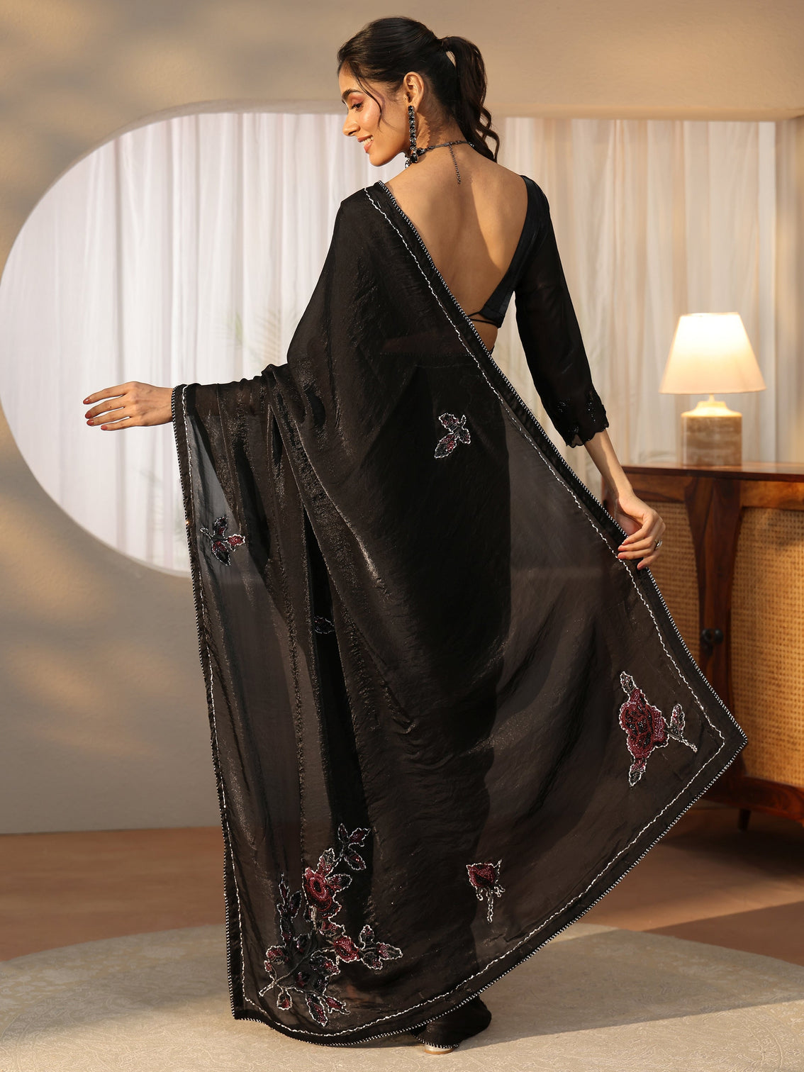Mameraa Black Floral Applique Design Satin Saree