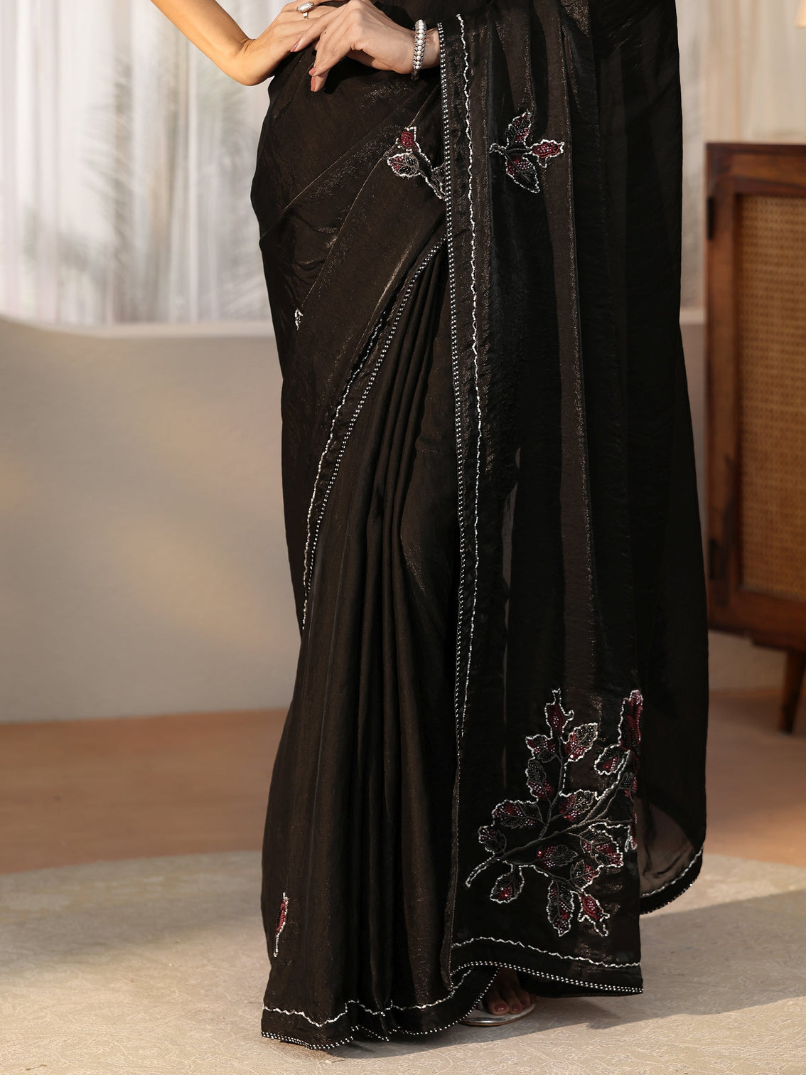 Mameraa Black Floral Applique Design Satin Saree
