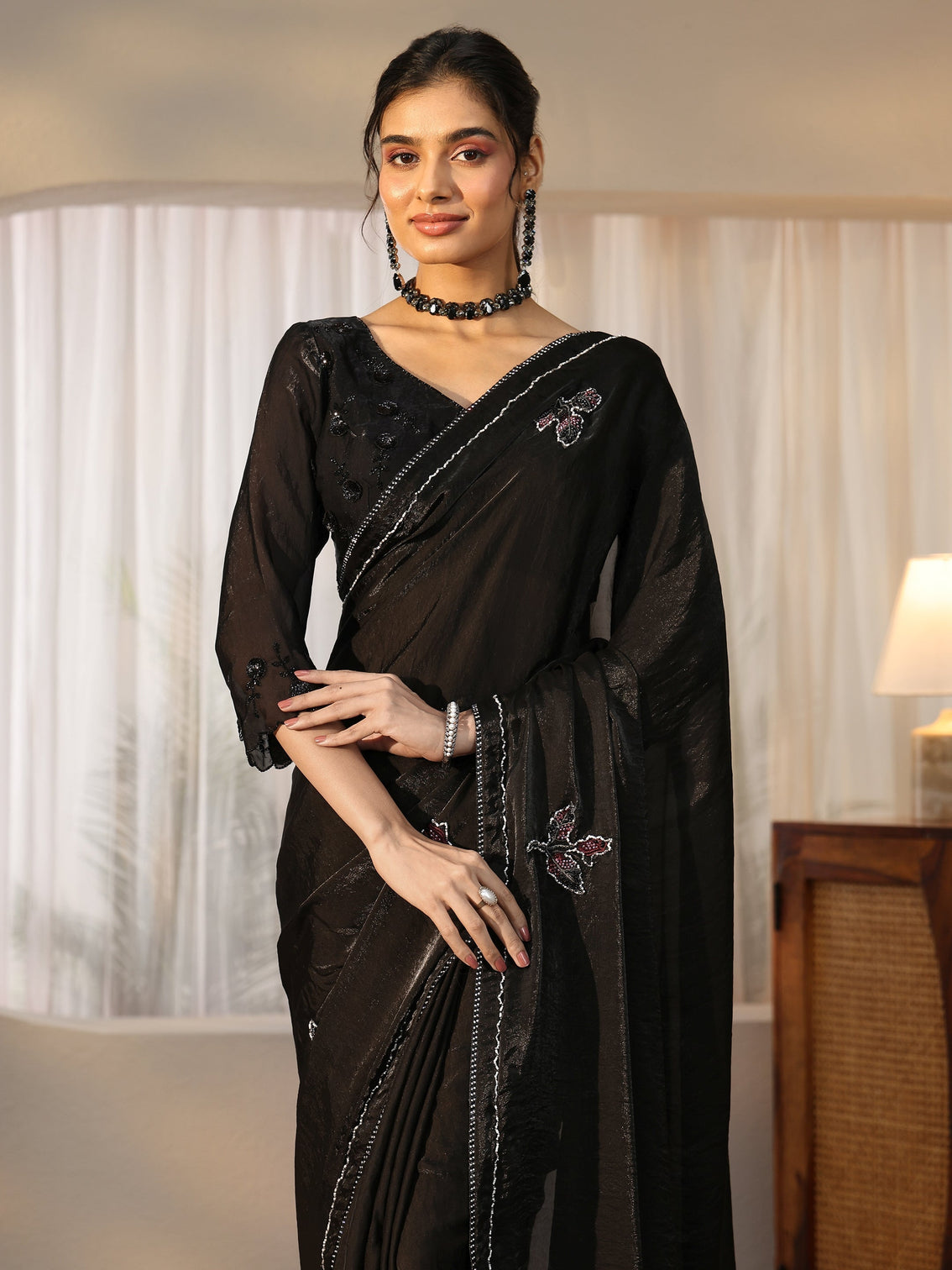 Mameraa Black Floral Applique Design Satin Saree