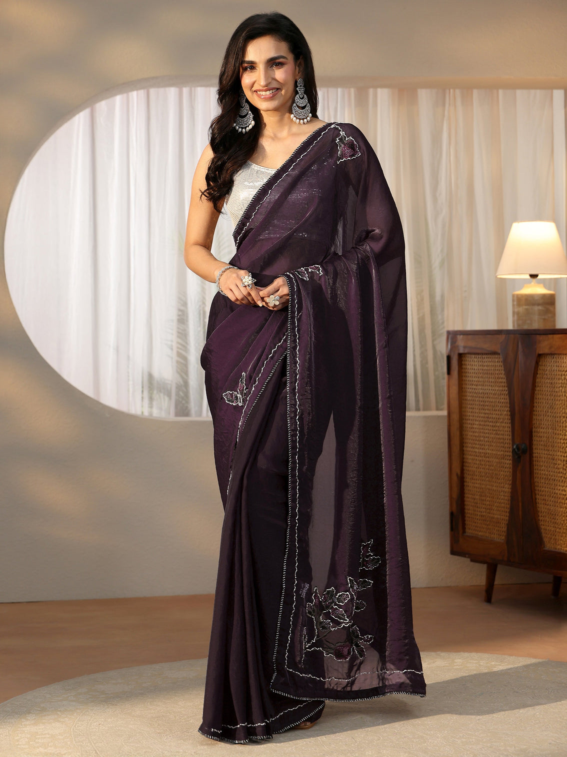 Mameraa Wine Floral Embellished Satin Saree