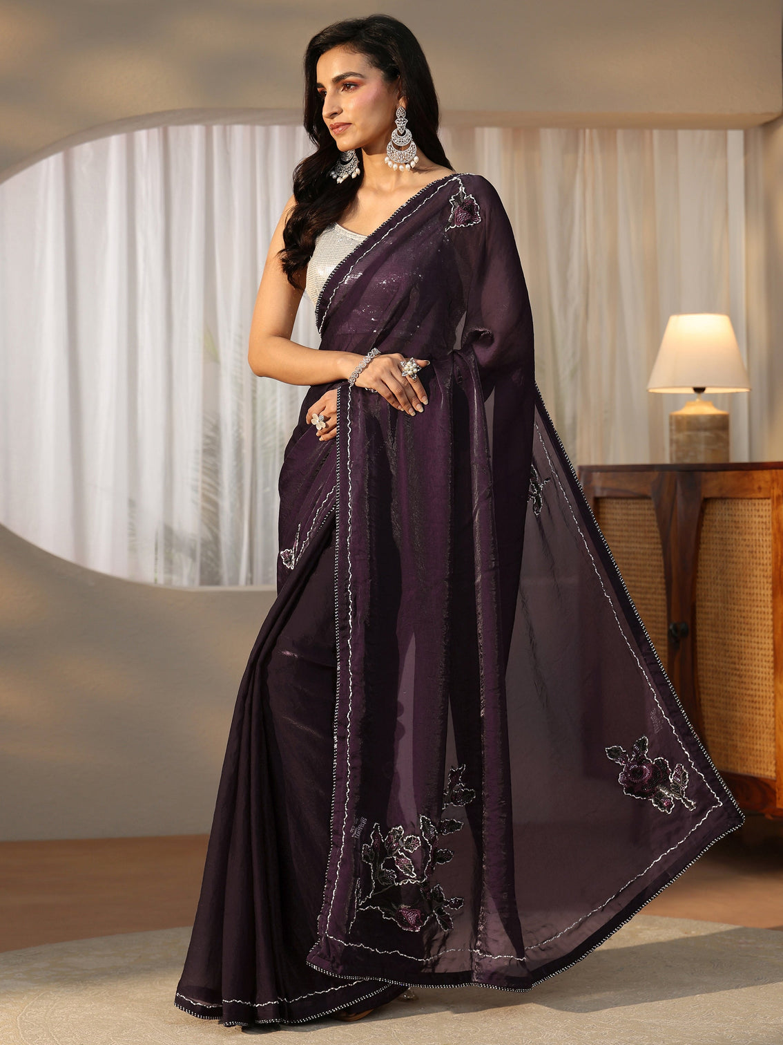 Mameraa Wine Floral Embellished Satin Saree