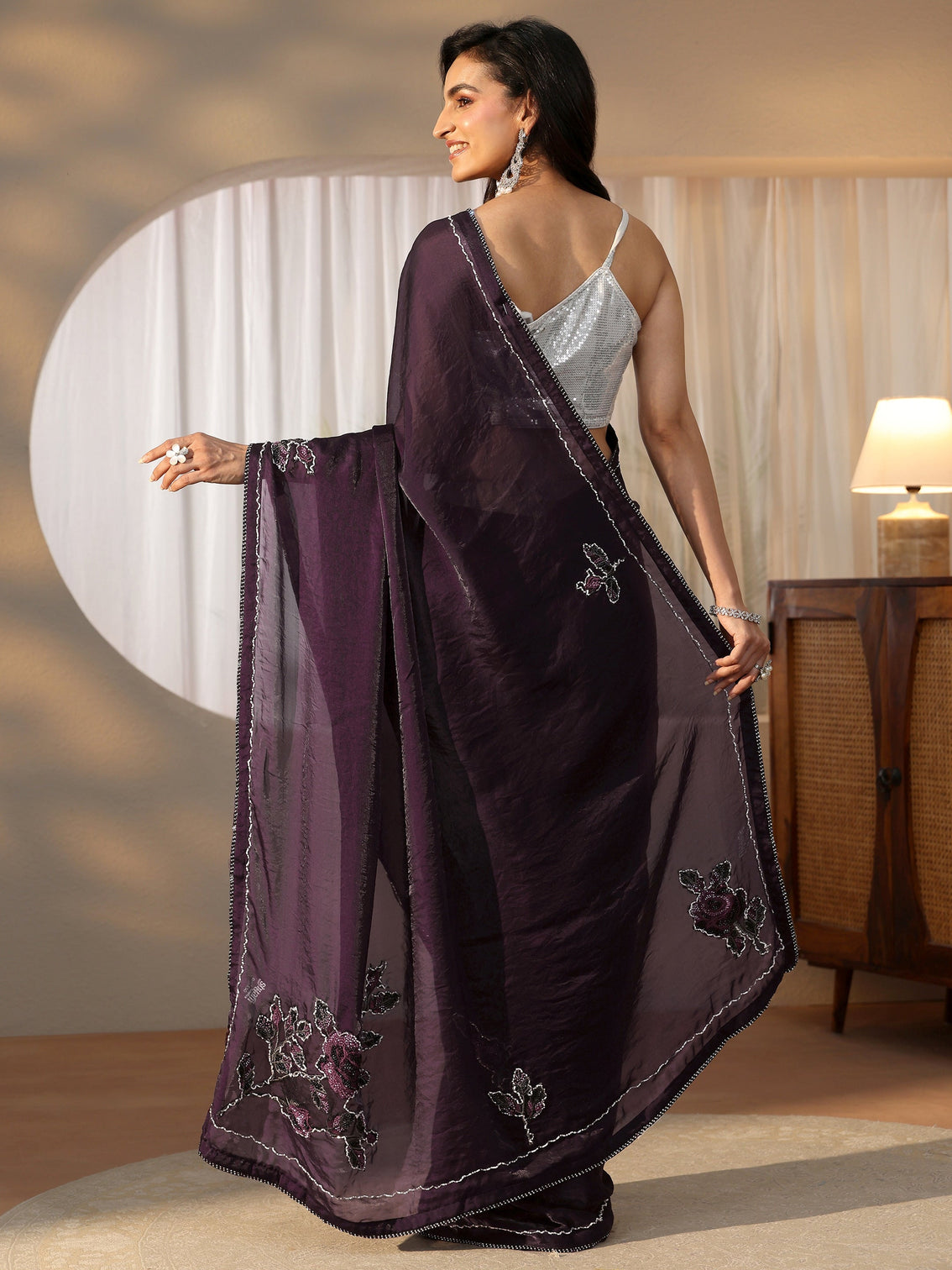 Mameraa Wine Floral Embellished Satin Saree