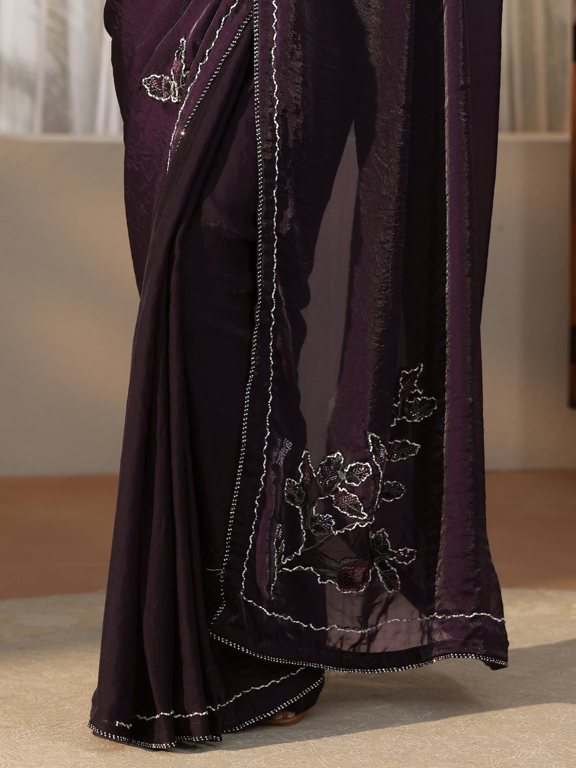Mameraa Wine Floral Embellished Satin Saree