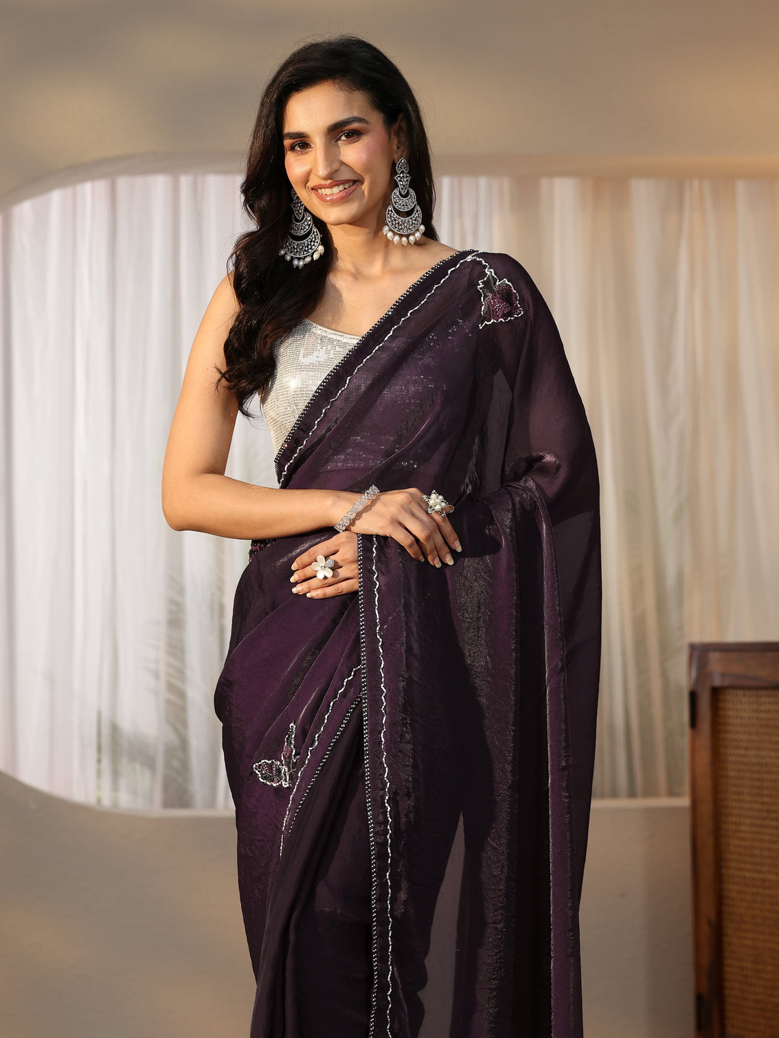 Mameraa Wine Floral Embellished Satin Saree