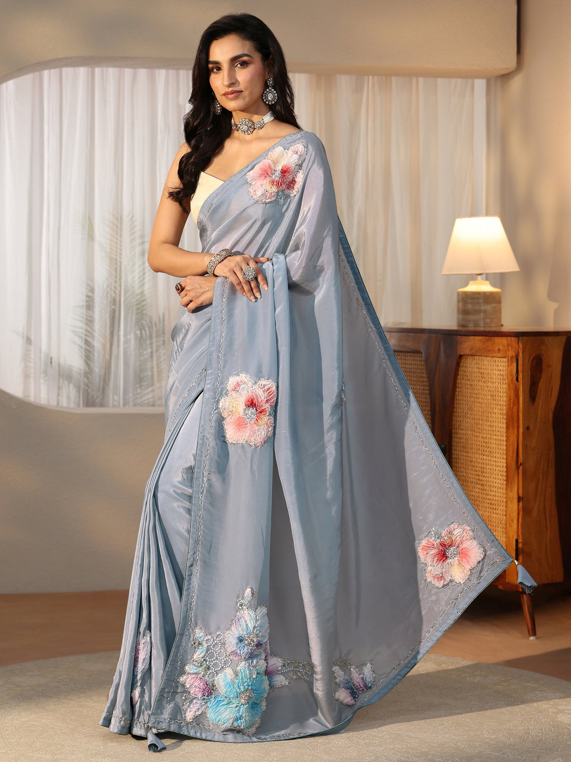 Mameraa Powder Blue Floral Applique Design Satin Saree