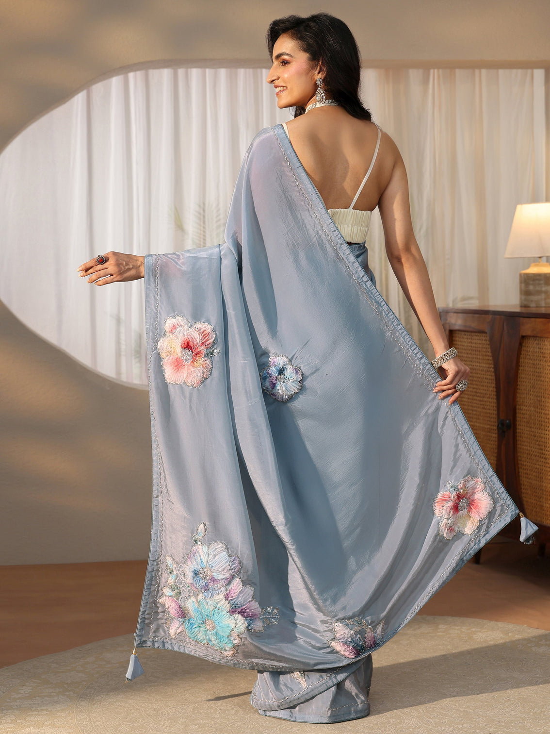 Mameraa Powder Blue Floral Applique Design Satin Saree