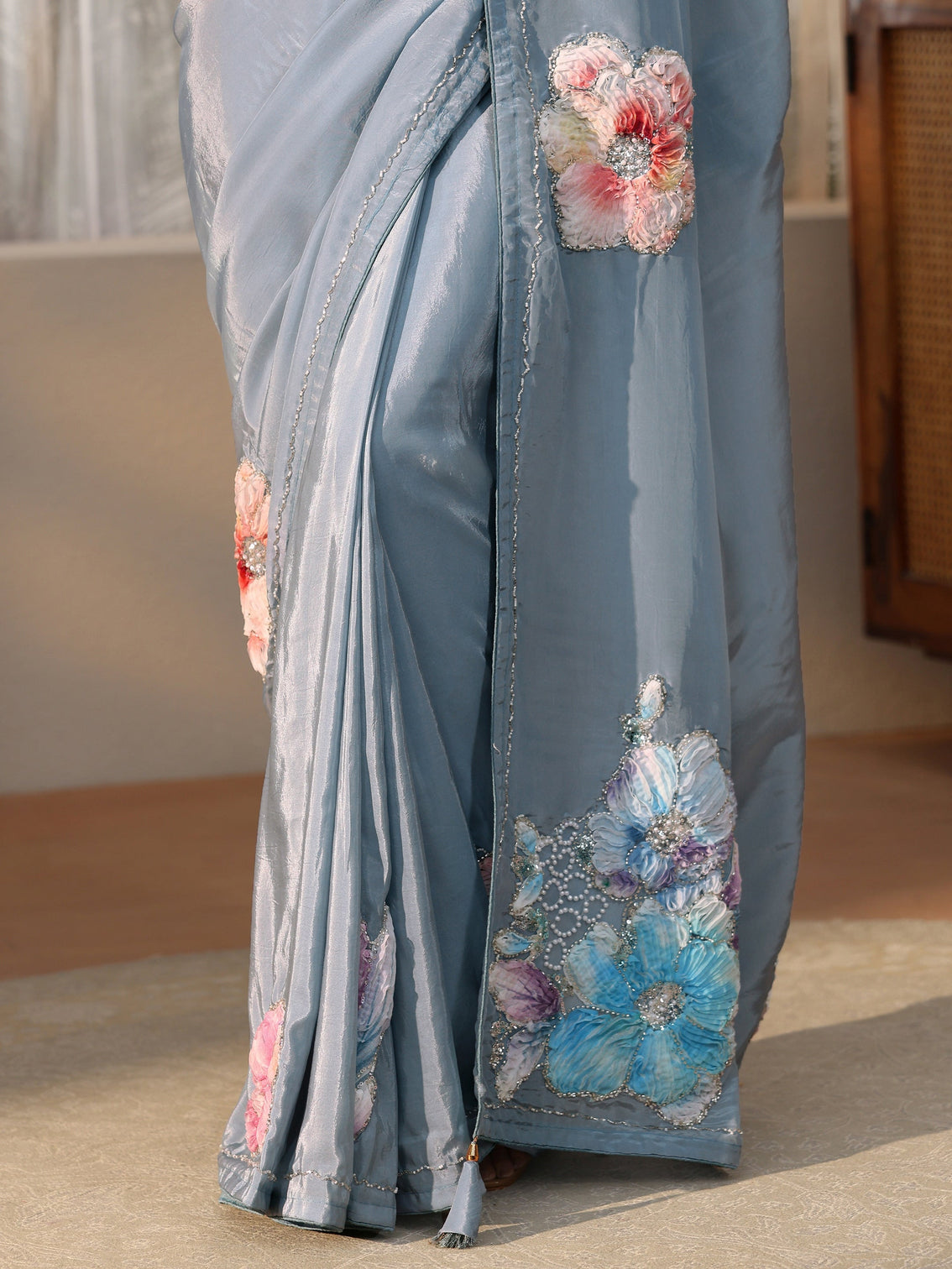 Mameraa Powder Blue Floral Applique Design Satin Saree