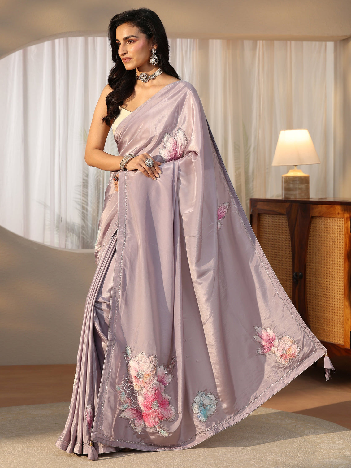 Mameraa Lavender Floral Applique Design Satin Saree
