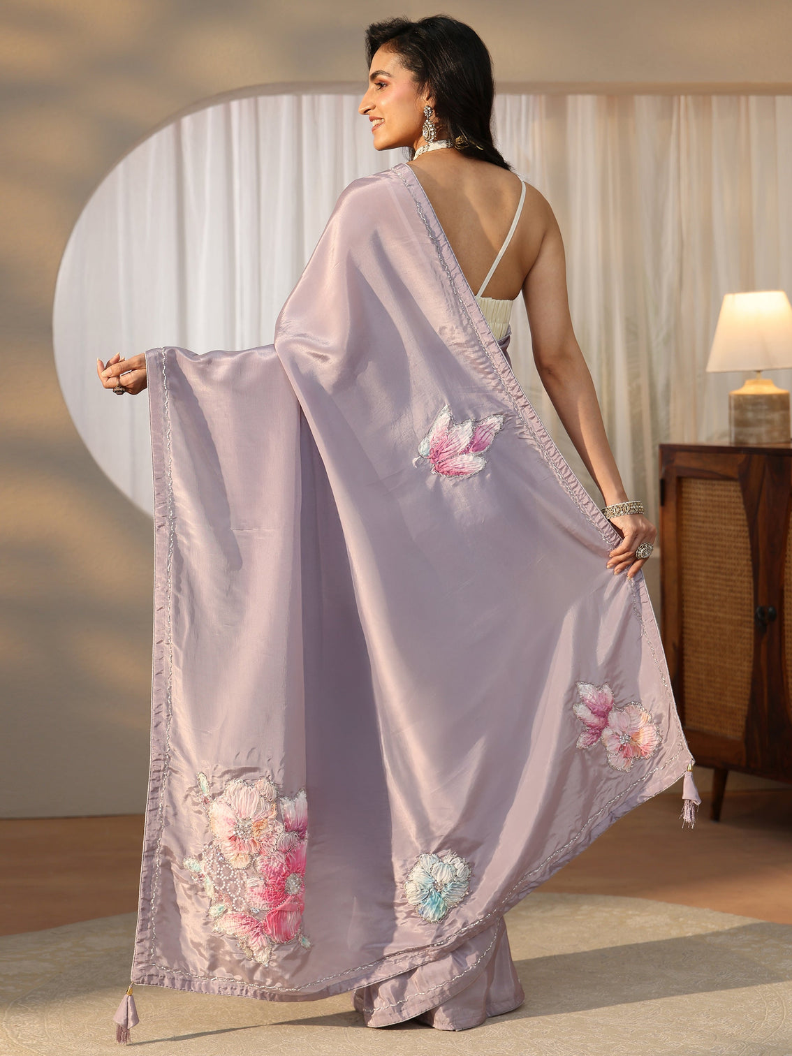 Mameraa Lavender Floral Applique Design Satin Saree