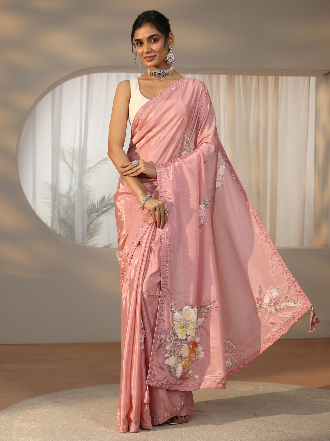 Mameraa Rose Pink Floral Applique Design Satin Saree