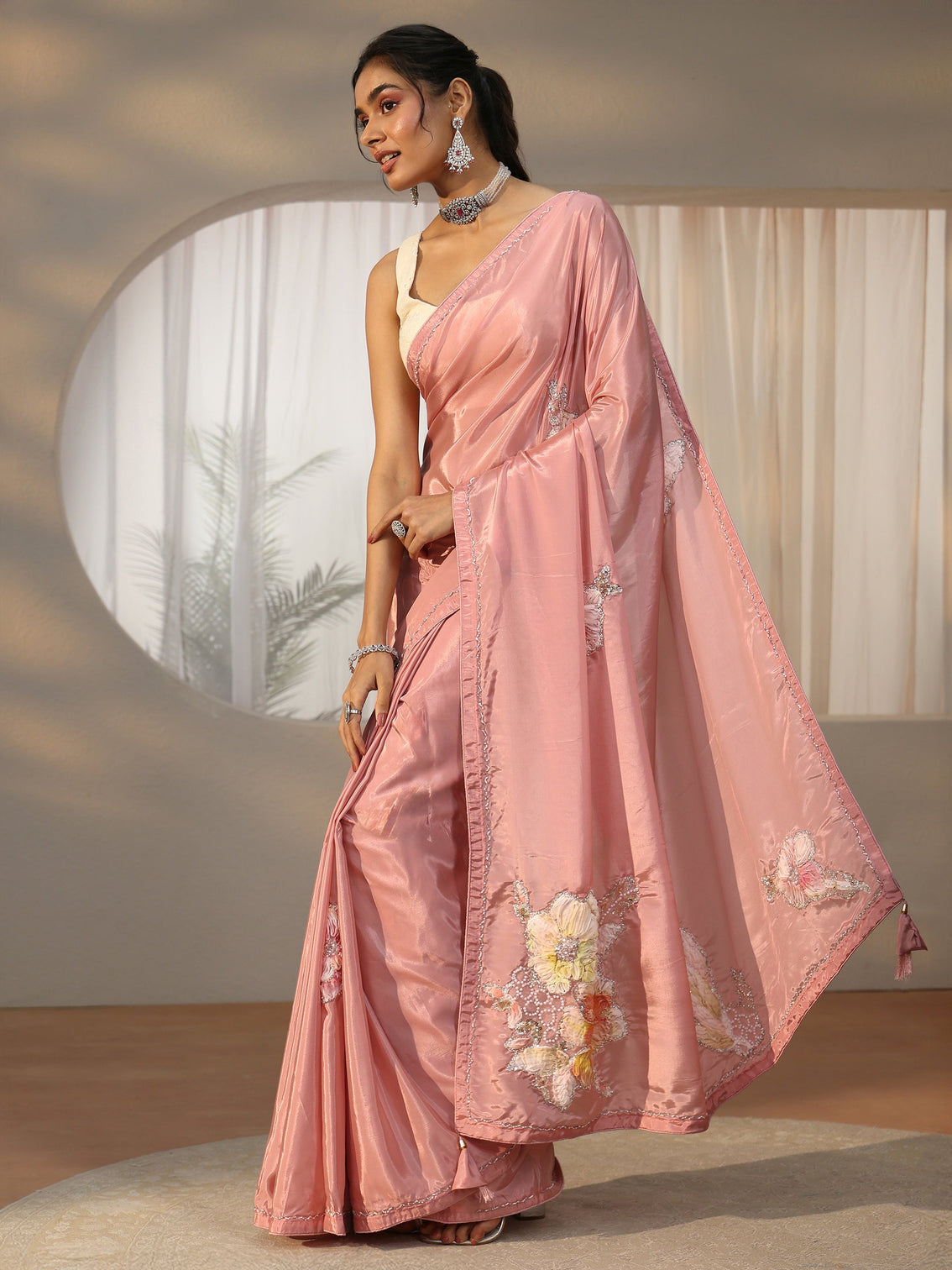 Mameraa Rose Pink Floral Applique Design Satin Saree